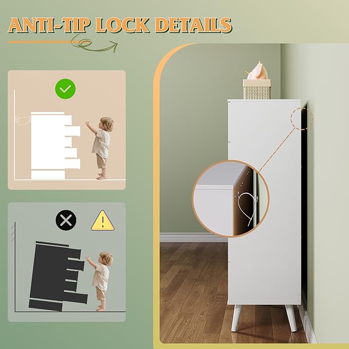 WLIVE 5 Drawer Dresser for Bedroom, Tall Wood Dresser, White Dressers Storage Organizer with Sturdy Metal Handle, Chest of Drawers for Living Room, Hallway, Closet