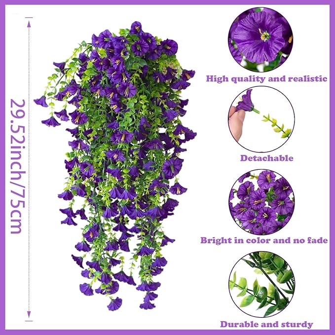 Artificial Hanging Flowers – 4 Pack UV Resistant Fake Morning Glory Vine Faux Plants for Porch, Patio, Balcony, Garden, Indoor & Outdoor Decor (Purple)