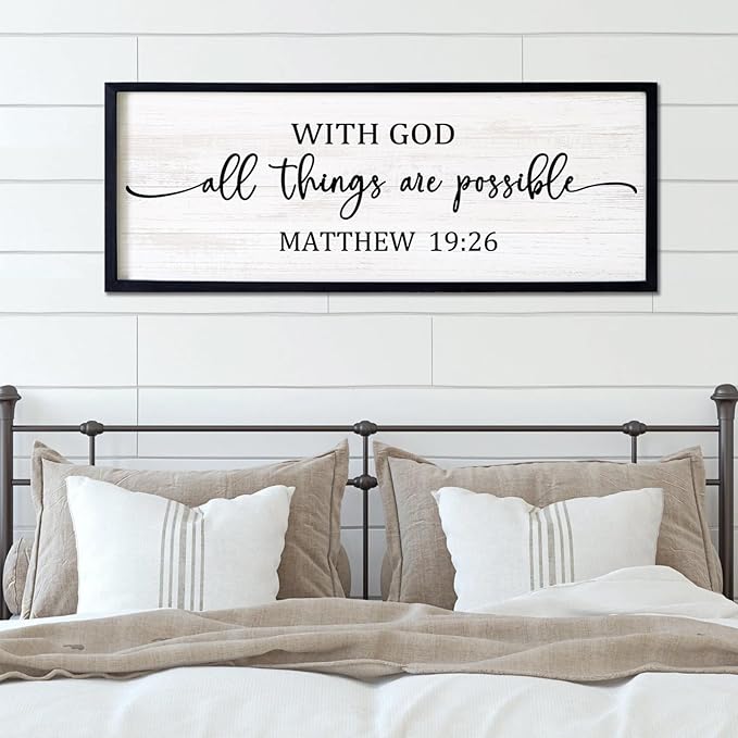 With God All Things are Possible Framed Wall Art, 40''×15'' Positive Holy Religious Rustic Bible Verse for Christian God Jesus Christ Prayer, Vintage Horizontal Inspirational Catholic Scripture Decor