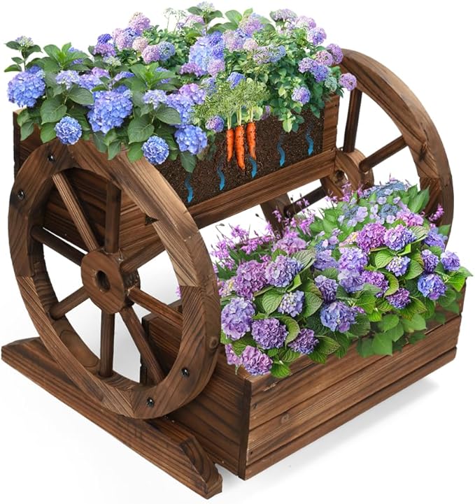 Wooden Wagon Planter Box, Garden Planter with Wheels,Decorative Planter for Flowers Herbs Vegetables for Indoor & Outdoor Décor, Flower Cart for Patio Garden Balcony