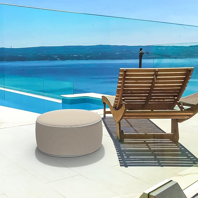 LVTXIII Inflatable Stool Ottoman Footrest with Handle, All Weather Foot Rest, Indoor or Outdoor Use for Home Patio Garden and Camping, D21 x H9, Stripe Beige