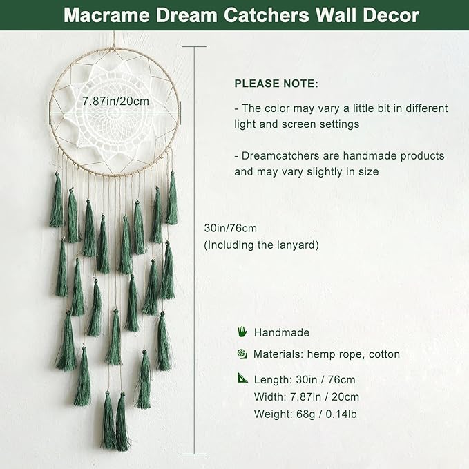 Artilady Macrame Dream Catchers for Bedroom - Tassel Wall Hanging Handmade Dreamcatchers Home Decor with Tassel Feather Ornament Craft Blessing Gift (Dark Green)