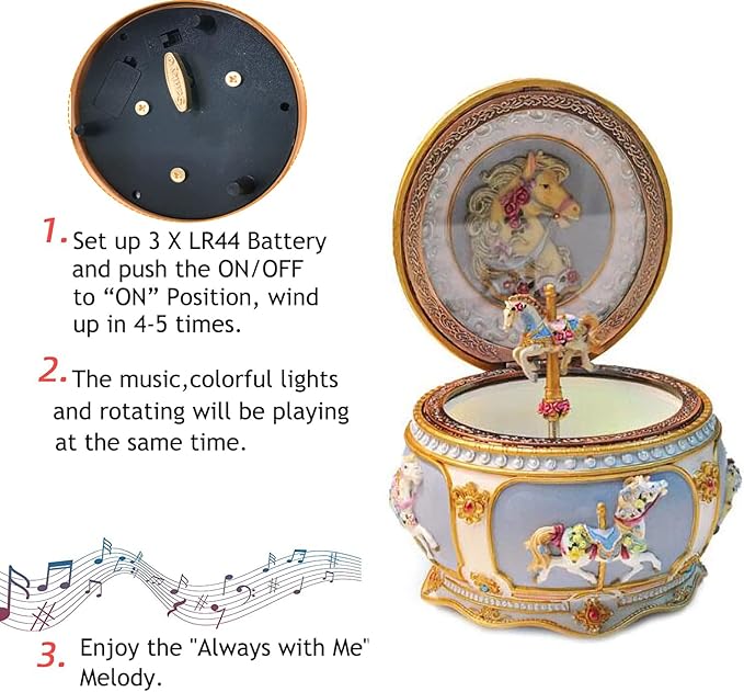Carousel Horse Music Box Collectible Mechanical Rotate Musical Box with Sankyo 18-Note Wind Up and Colorful Lights for Kids Girls Christmas Birthday Gifts (Always with Me)