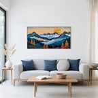 Blue Woodcut Mountain Framed Canvas Wall Art Set, Boho Abstract Ridge Wall Decor, Pine Tree Landscape Wall Painting, Sunrise Forest Art Print for Living Room, Bedroom, Office - 20"X40"
