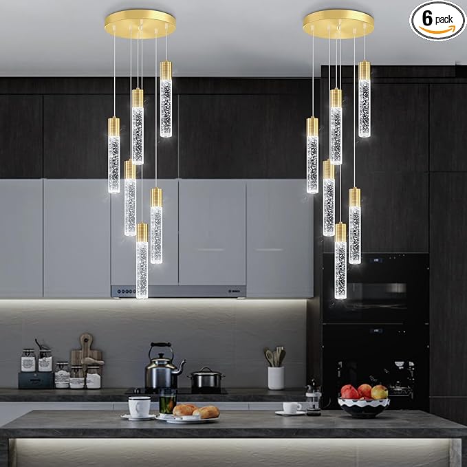 6-Lights Modern Crystal Chandeliers for Dining Room Kitchen Island Crystal Pendants Light Fixture High Ceiling Hanging for Entryway Bedroom Foyer 6000K