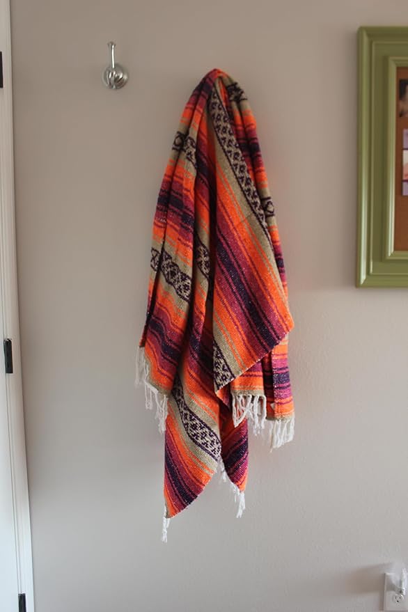 Del Mex Classic Mexican Blanket, Large Authentic Woven Falsa Throw (70"x50"), Artisan Southwest Décor for Beach, Yoga, Outdoors (Pink/Orange)