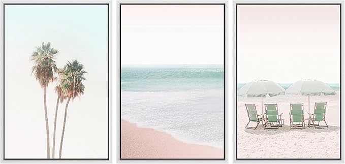 SIGNWIN Framed Canvas Print Wall Art Set Retro Vintage Pastel Tropical Island Beach Nature Wilderness Photography Modern Art Landscape Relax/Calm for Living Room, Bedroom, Office - 16"x24"x3 White