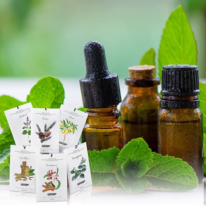 MYARO 12 Pcs Scented Sachets for Drawer and Closet, Long-Lasting Air Freshener Sachets Bag, Closet Deodorizer Potpourri Bags, 6 Fresh Scents - Cedar, Sandalwood, Lemon, Eucalyptus, Patchouli, Oud Wood