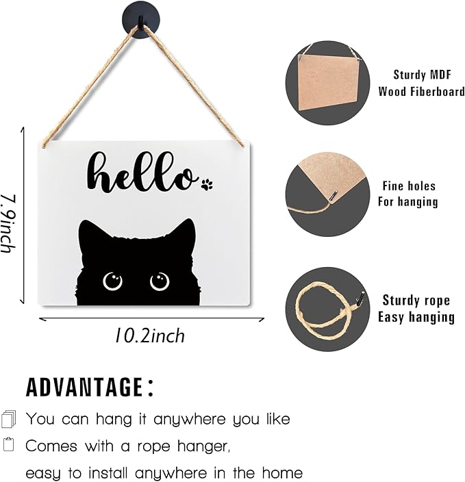 Lacosu Wall Pediments Cat Welcome Sign,Hello Sign,Cat Hanging Welcome Sign for Front Door,Cat Decor,Cat Gifts,Cat Gifts for Cat Owners,10x8 Inches