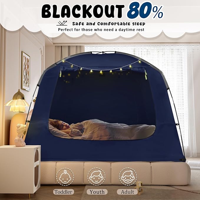 Bed Tent Bed Canopy Breathable 100% for Adult and Kids Light Reduction Sleeping Dream Tents Indoor Portable Big Space with String Light 4 Doors Twin Full Queen King Size