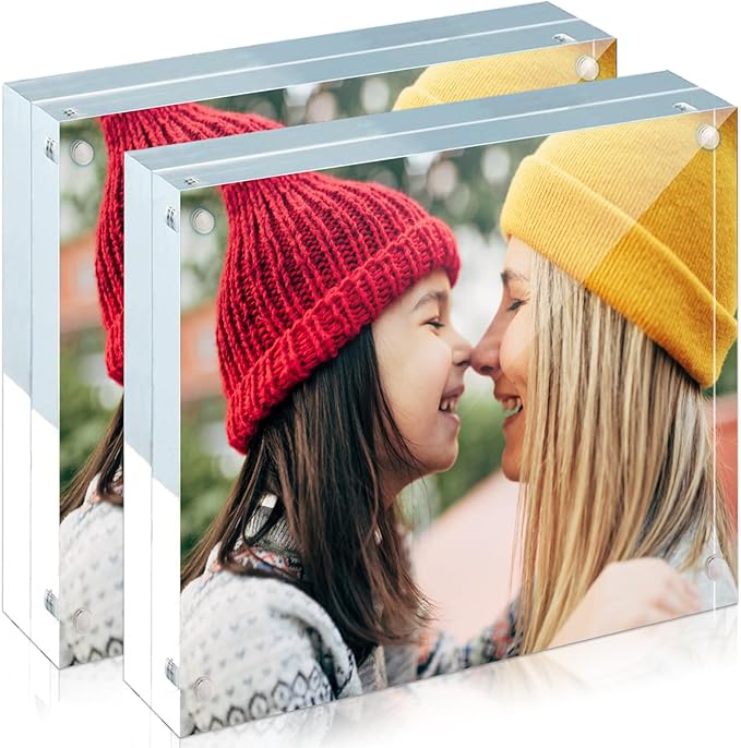 ILYXY 2 Pack Acrylic Frame 6x6, 20% Thicker, 24mm Thick Frameless Clear Square Picture Frame, Double Sided Magnetic Photo Frame, Free Standing Desktop Display Stand Acrylic Picture Frames