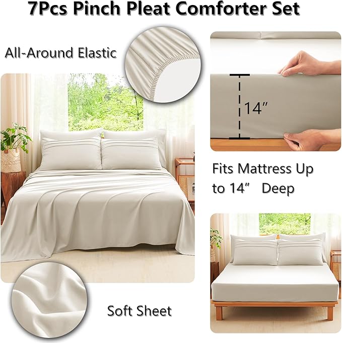 CozyLux King Size Comforter Set Beige, 7 Pieces Soft Pinch Pleat Bed in a Bag King Comforter Set with Sheets, Boho Bed Set with Down Alternative Comforter, Sheets, Pillowcases & Shams