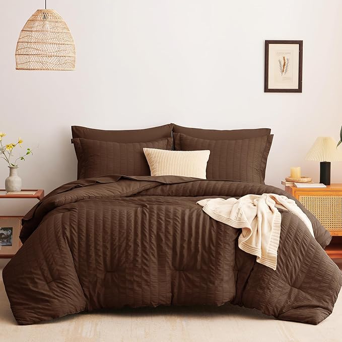 CozyLux Queen Comforter Set Brown Seersucker 7 Pieces Bed in a Bag Queen Comforter Set with Sheets, Luxury Soft Bedding Set with Down Alternative Comforter, Sheets, Pillowcases & Shams for All Seasons