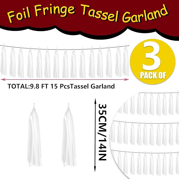 3P White Foil Fringe Metallic Tassel Streamers Banner Tassel Garland for Parade Floats, Graduation, Wedding, Birthday, Halloween, Christmas, Bridal/Baby Shower Party Decorations