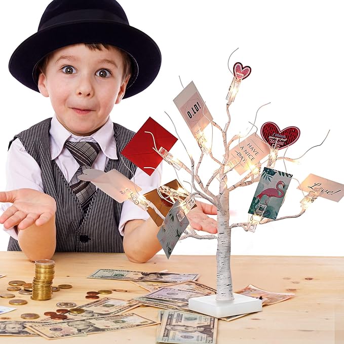 Mudder Money Holder Tree Present Card Holder with 12 Clear Clips LED Birch Twig Lights Tabletop Display Tree for Christmas, Valentines, Memo, Photo, Wedding(Trendy Style,White, Warm White)