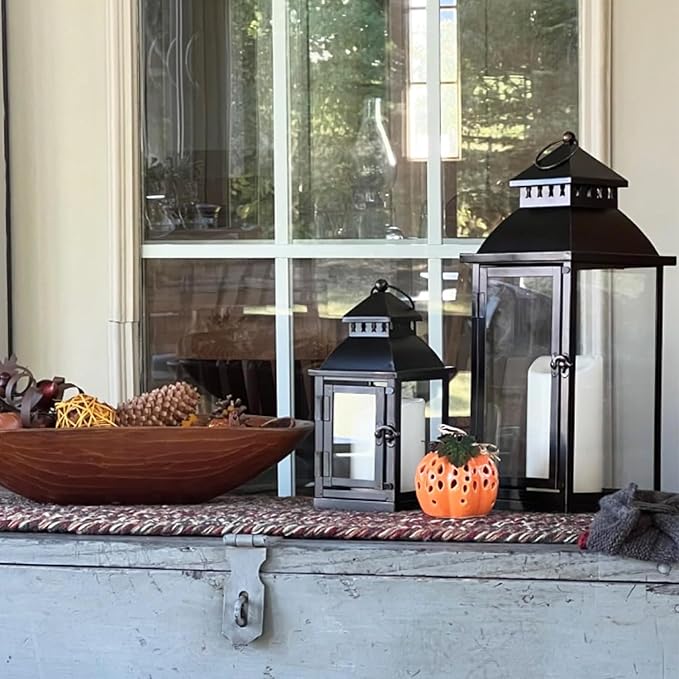 NEEDOMO Bronze Metal Lanterns Decorative Outdoor & Indoor, Set of 4 (17" & 10") with Glass, Candle Holder for Porch, Patio, Garden, Balcony, Wedding, Table Centerpiece Decorations