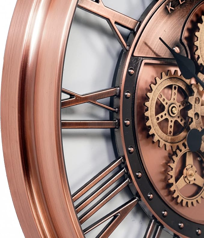 CLXEAST 28 Inch Oversized Large Moving Gears Wall Clock,Industrial Vintage Rose Gold Silent Wall Clock for Modern Farmhouse Living Room Home Decor,Copper Finish