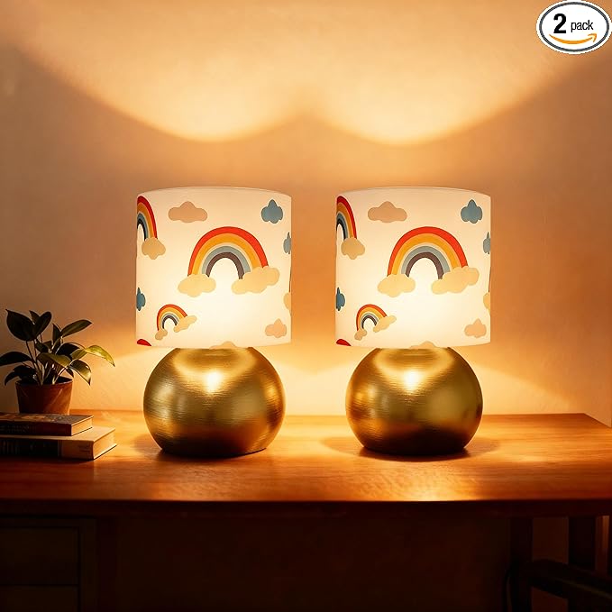 Set of 2 Gold Small Bedside Table Lamps with Rainbow Cloud Pattern Shades (Bulb Included)
