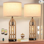 Seealle Table Lamp for Living Room Set of 2 - Wood-Like Bedside Lamp for Bedroom with USB C+A & Outlet, Farmhouse Lamps for Night Stands, 3-Way Dimmable Touch Lamps for Living Room