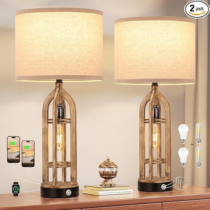 Seealle Table Lamp for Living Room Set of 2 - Wood-Like Bedside Lamp for Bedroom with USB C+A & Outlet, Farmhouse Lamps for Night Stands, 3-Way Dimmable Touch Lamps for Living Room