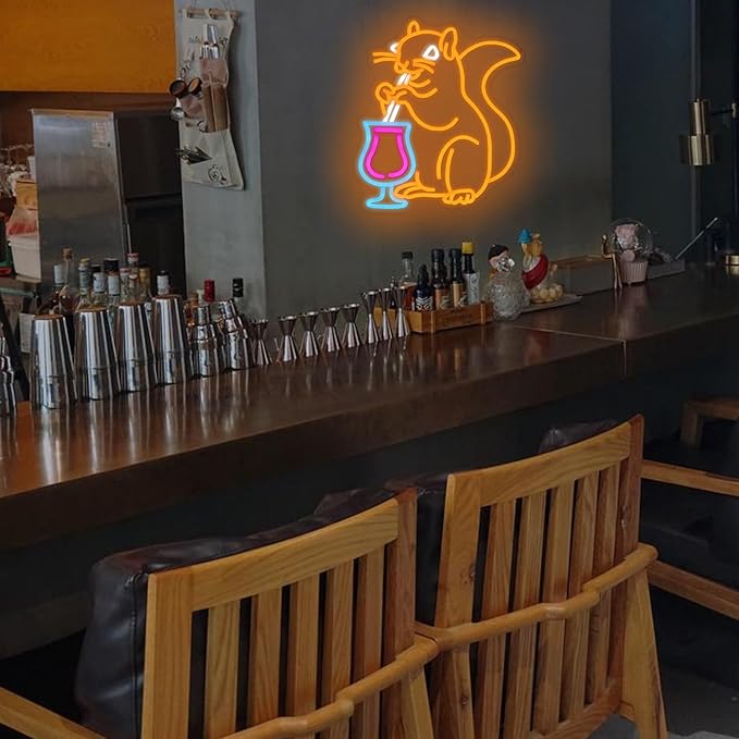 Squirrel Cocktail Neon Sign for Wall Decor, Orange Squirrel Neon Light, USB Powered Animal Cocktail Bar Led Light Up Sign for Bar, Bedroom, Man Cave, Business, Game Room