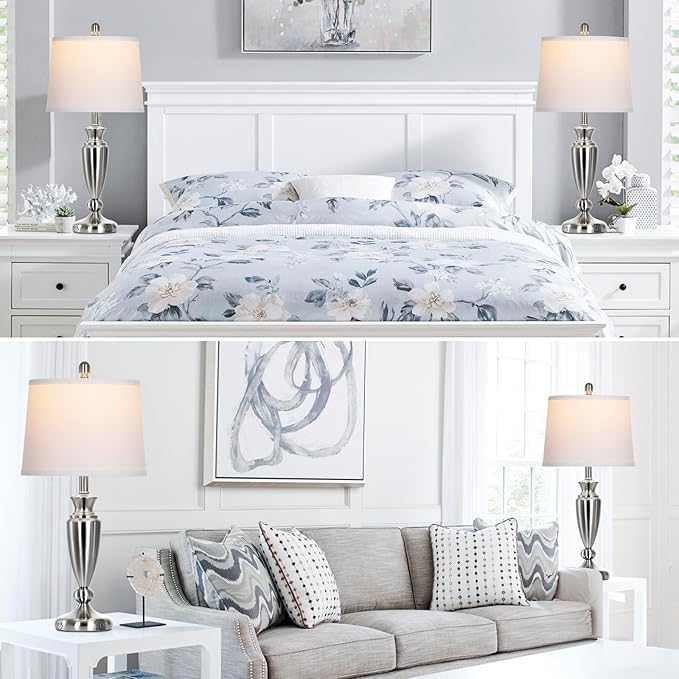 Metal Table Lamps Set of 2, 3 Way Touch Control Silver Bedside Lamps with USB A+C Ports, Modern Brushed Nickel Nightstand Lamps for Bedroom Living Room