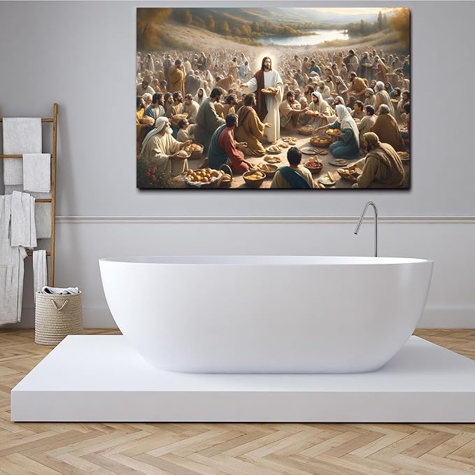 XWNLTEPK Jesus Feeding 5,000 People with Five Loaves and Two Fishes Miracle Mercy Canvas Art Wall Decor Poster Suitable for Bedroom Living Room Relaxation Room Confession Room