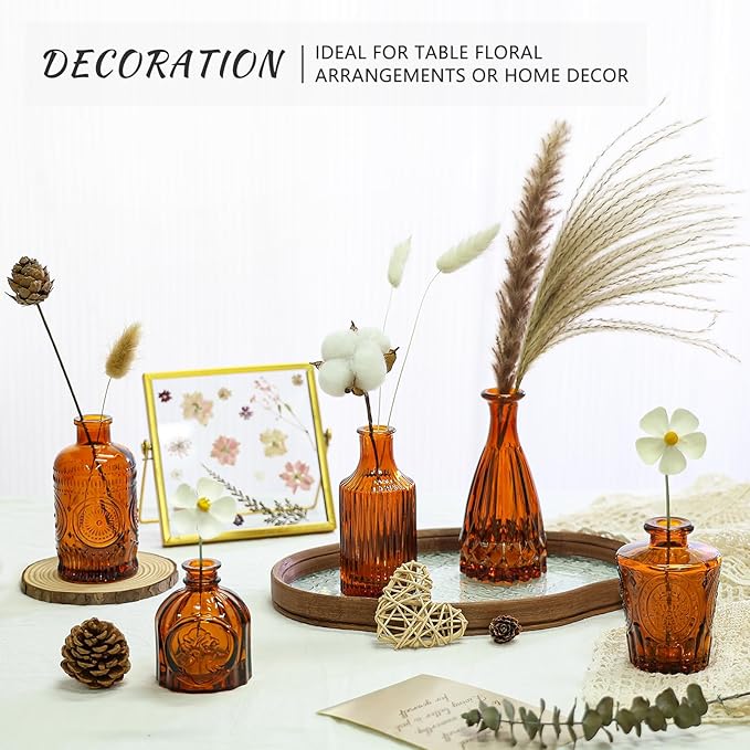 Glass Bud Vase Set of 5, Amber Small Flower Vases for Centerpieces in Bulk, Mini Vintage Vase for Rustic Wedding, Home,Table Decoration