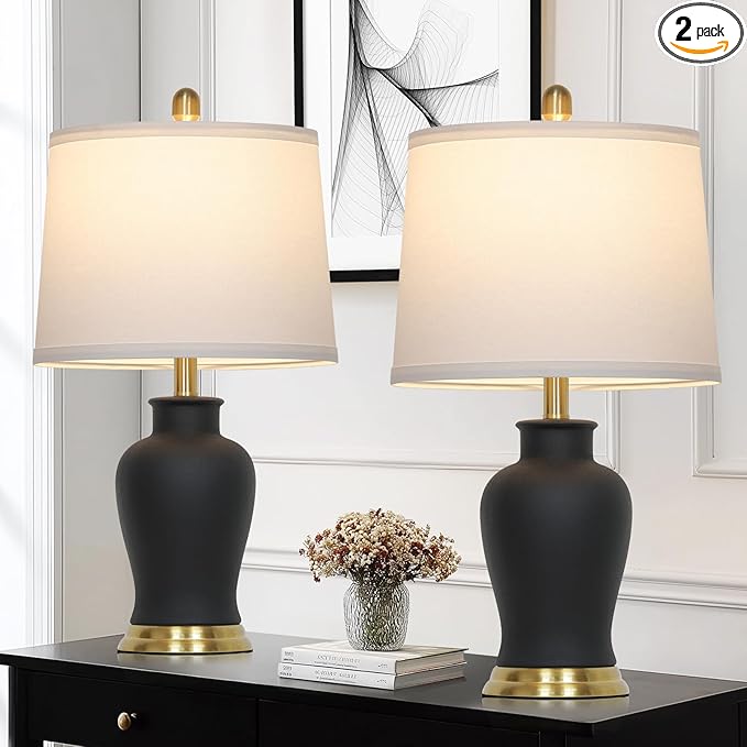 23" Modern Black Ceramic Table Lamps Set of 2, Farmhouse Table Lamps for Living Room, Classic Bedside Lamp with Ginger Jar Design, Elegant Bedroom Lamp for Night stand Desk Side End Table Home Decor