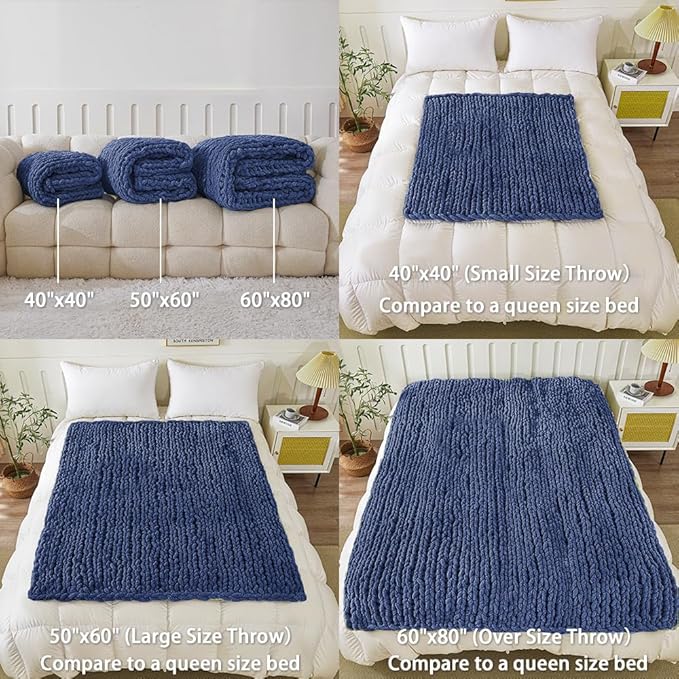 WESHIONGOO Chunky Knit Blanket Throw 50"×60" Knitted Throw Blankets for Couch Bed Fluffy Soft Blanket with Jumbo Chenille Yarn Thick 100% Handmade (Navy Blue)