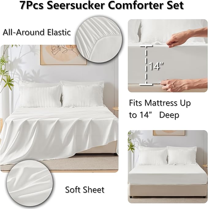 CozyLux Oversized King Comforter Set White Seersucker 7 Pieces Bed in a Bag King Comforter Set with Sheets, Luxury Soft Bedding Set with Down Alternative Comforter, Sheets, Pillowcases & Shams