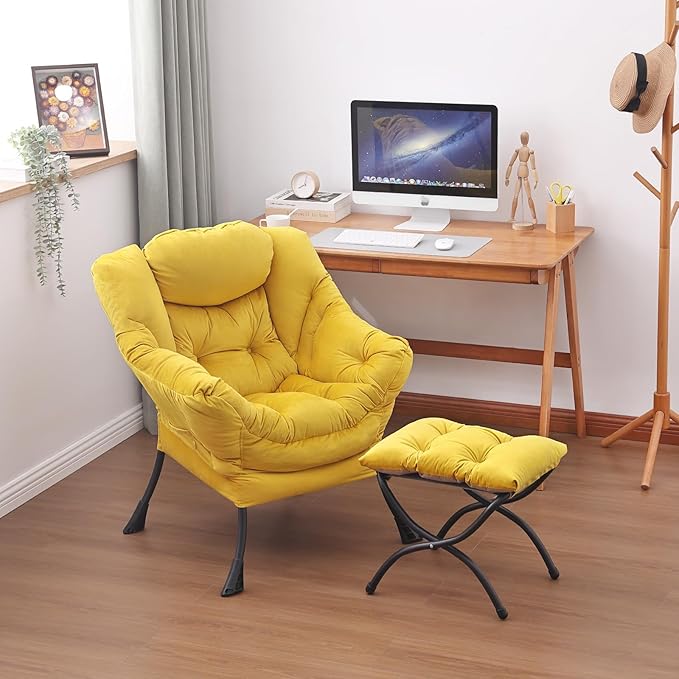 Lazy Chair and Ottoman, Large Accent Lounge Chair with Armrests and a Side Pocket, Modern Leisure Upholstered Sofa Reading Armchair with Footrest for Bedroom, Living Room, Dorm Rooms, Office