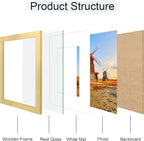 8x10 Picture Frame Set of 4, 8 x 10 Wood Photo Frames with Mat for 5x7, Wooden Frame with Real Glass Cover for Wall and Tabletop Display,Gold