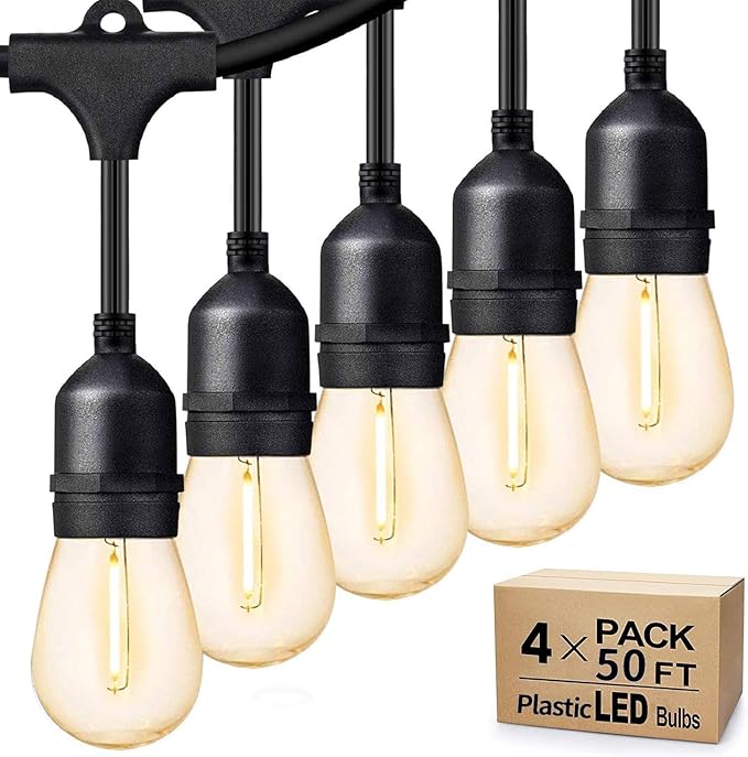 Svater Outdoor String Lights 200 FT, E26 Socket, 64pc S14 Shatterpoof Bulbs, 1 Watt Dimmable 2700K Warm White, IP65 Waterproof Commercial Grade Patio Light (4 Pack X 50FT)