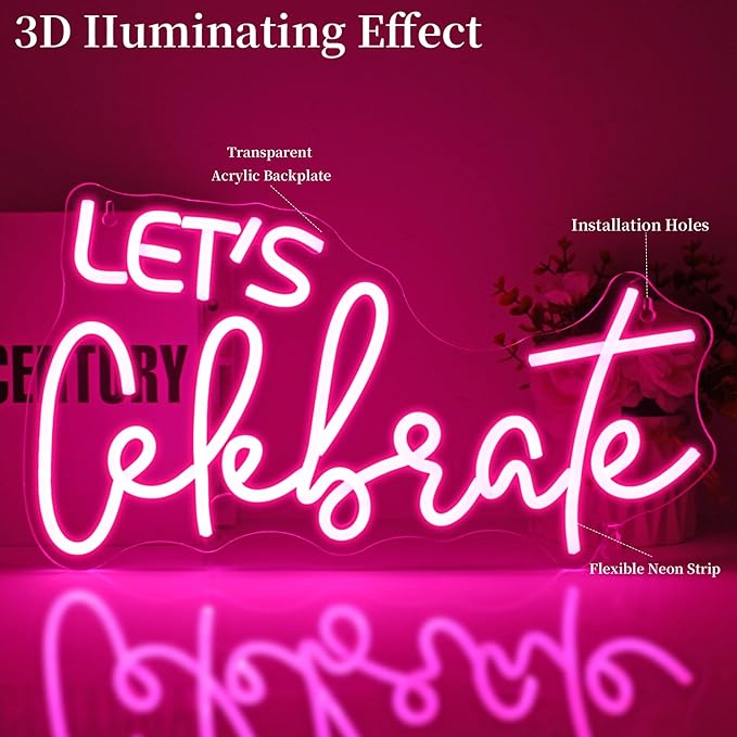Let's Celebrate Neon Sign Led Neon Lights Neon Signs for Wall Decor Light Up Sign for Birthday Party Club Gift