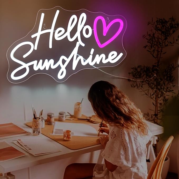 Hello Sunshine Neon Signs for Wall Decor White LED Neon Sign for Room Neon Light Sign for Wall Decor Birthday Party USB Powered