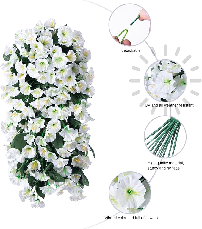 Artificial Faux Hanging Plants Flowers for Outdoor Outside, 2 PCS Fake Silk White Morning Glory Long Vines UV Resistant Look Real for Home Porch Patio Balcony Planter Decoration