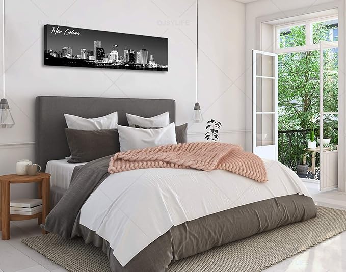 DJSYLIFE New Orlean Canvas Wall Art Decor City Skyline Pictures Poster Artwork Black and White Panorama Cityscape Painting for Bedroom Office Living Room Decoration Ready to Hang 13.8"X47.3"