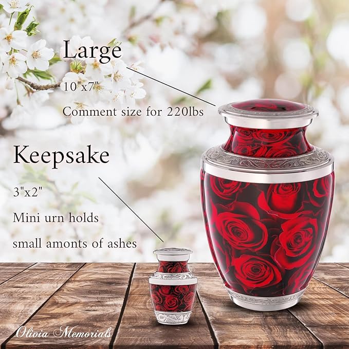 Olivia Memorials Small Urns for Human Ashes Adult Female - Red Roses Decorative Mini Urns - Cremation Keepsakes with Velvet Box - Flowers Memorial Urn with Roses and Ash Storage