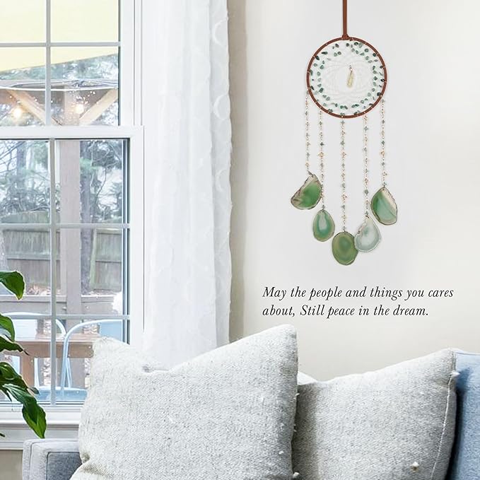 Green Aventurine Gemstone Agate Large Dream Catcher Chakra Dream Catcher with Crystals Handmade Dreamcatcher Wall Decor for Adults Boys Girls Bedroom Garden Bless Gift
