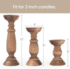 Rustic Wooden Pillar Candle Holders Set of 3, 12'' 9'' 6'' Farmhouse Wood Candle Stand for Table Centerpieces, Vintage Tall Candleholders Fireplace Mantel Decor for Living Room, Brown