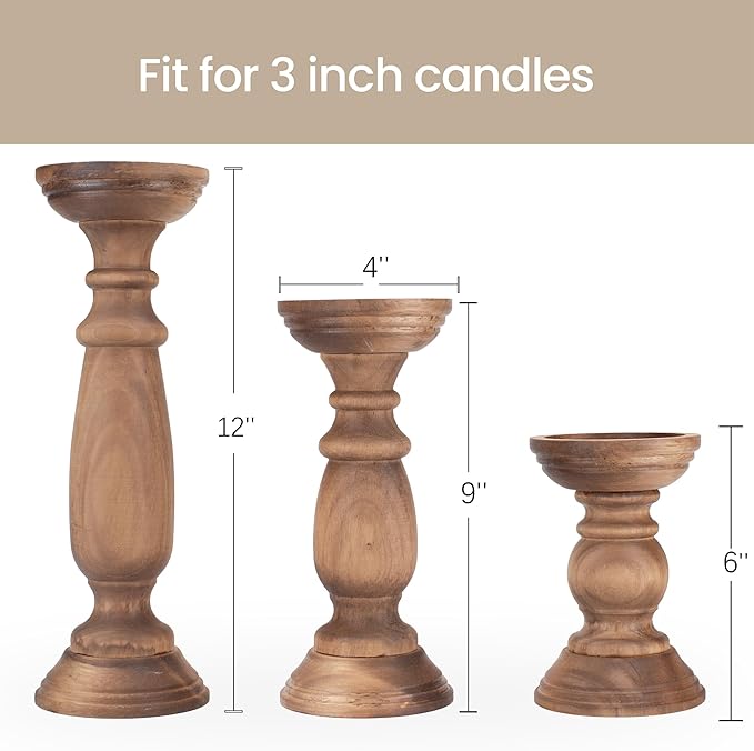 Rustic Wooden Pillar Candle Holders Set of 3, 12'' 9'' 6'' Farmhouse Wood Candle Stand for Table Centerpieces, Vintage Tall Candleholders Fireplace Mantel Decor for Living Room, Brown