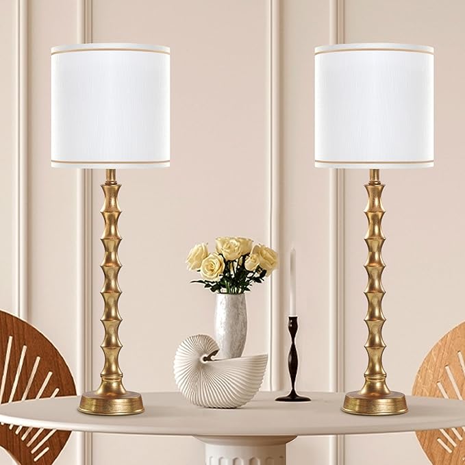 30.5" Buffet Lamps Set of 2 for Living Room, Buffet Lamps for Dining Room, Gold Lamp Set of 2 for Credenza, Modern Golden Table Lamp Tall Skinny, Gold Bamboo Candlestick Lampset for Bedroom