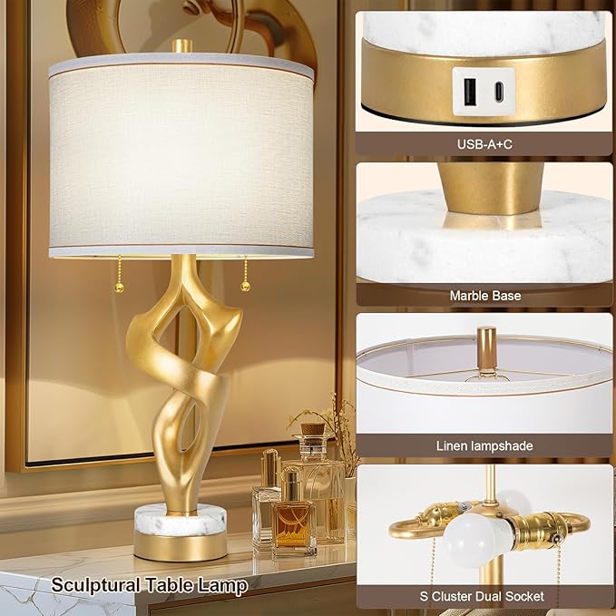Scenekoy Sculptural Table lamp Set of 2 for Living Room with Marble Base & USB Ports, Gold Leaf Finish Rustic Bedside Lamps with S Cluster Pull Chains Switch, Nightstand Lamp for Office Hotel Bar