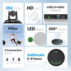 10x Zoom Conference Room Video Camera System, All-in-One HD 1080P 60fps 10X Optical Zoom USB3.0 HDMI PTZ Camera and Bluetooth Conference Speaker with Microphones Bundle for Medium Room