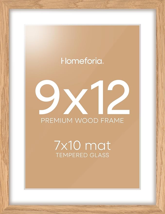 Homeforia 9x12 Picture Frame Wood, High End Natural Oak 9 x 12 Light Wooden Frames with Mat 7 by 10 Photo, 9by12 Frame Matted to 7x10 Print, Wall or Tabletop Frames, Tempered Glass, Wall Kit, Set of 1