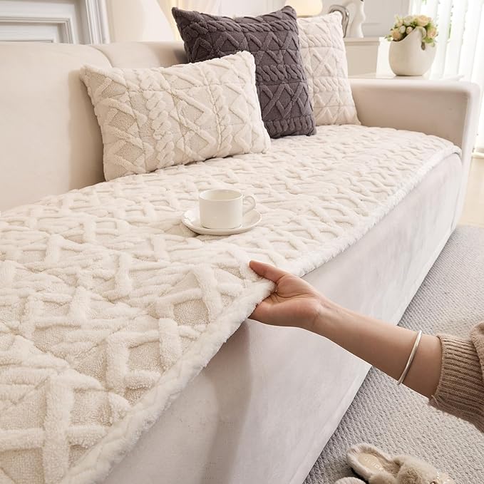 Plush Couch Cover for Pets Super Soft Sofa Covers for Cats & Dogs Washable Sofa SlipCover Furniture Couch Protector for Living Room(35" x 63", White)