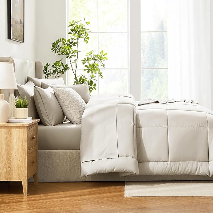 CozyLux Full Size Comforter Sets Oatmeal, 7 Pieces Bed in a Bag, Oatmeal Comforter Full Size, All Season Bedding Sets with Stitch Quilted Comforter, Flat Sheet, Fitted Sheet, Pillowcases