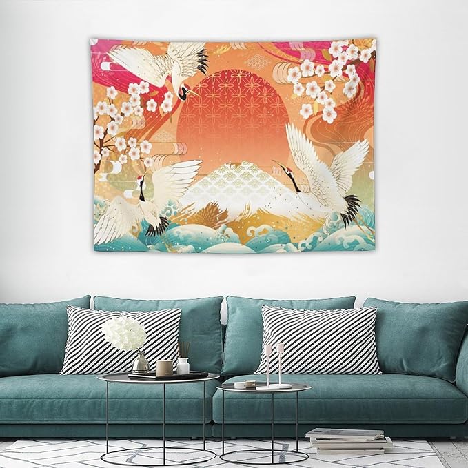 HZOHNAGO Japanese Tapestry Cherry Blossom Crane Sea Wave Fuji Mountain Red Sun Pattern Printed Wall Tapestry Painting Wall Hanging for Bedroom Living Room Dorm 40" W x 30" H