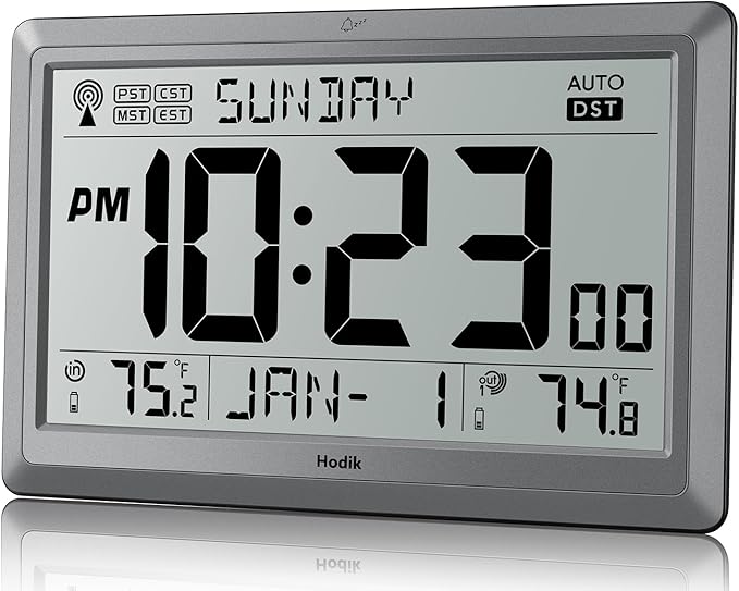 Wall Clock Atomic with Indoor Outdoor Temperature Battery Powered, Easy Reading with 10.5 Inch Large LCD Display, 330FT Range Table Wall Clock With DST, 12/24 Hour for Living Room Kitchen (Silver)